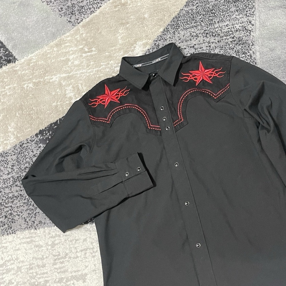 J.L. Fox Western Wear Shirt Men Medium Black Embroidered Cowboy Pearl Snap Rodeo